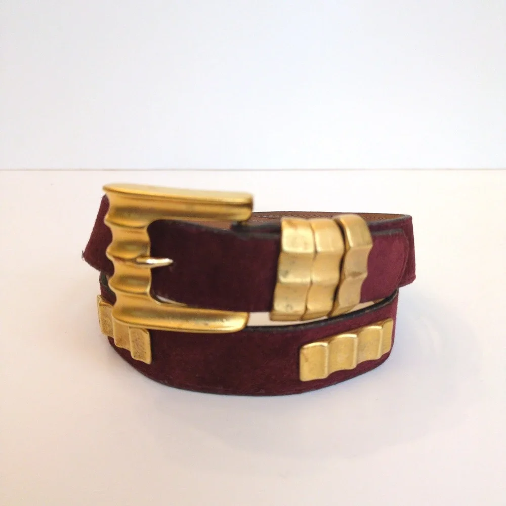 Vtg‎ 90s Leatherock Belt Brown Suede Gold Metal Modern Western Boho Chunky ML